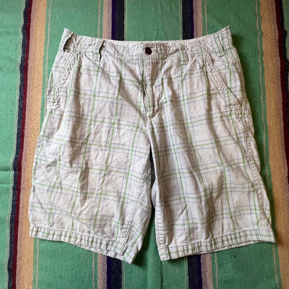 Express Plaid Shorts Mens 34 White Green Blue Cotton Casual Summer Cargo